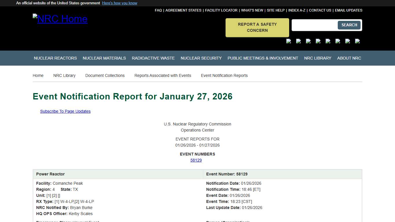 Event Notification Report for January 27, 2026 Nuclear Regulatory Commission